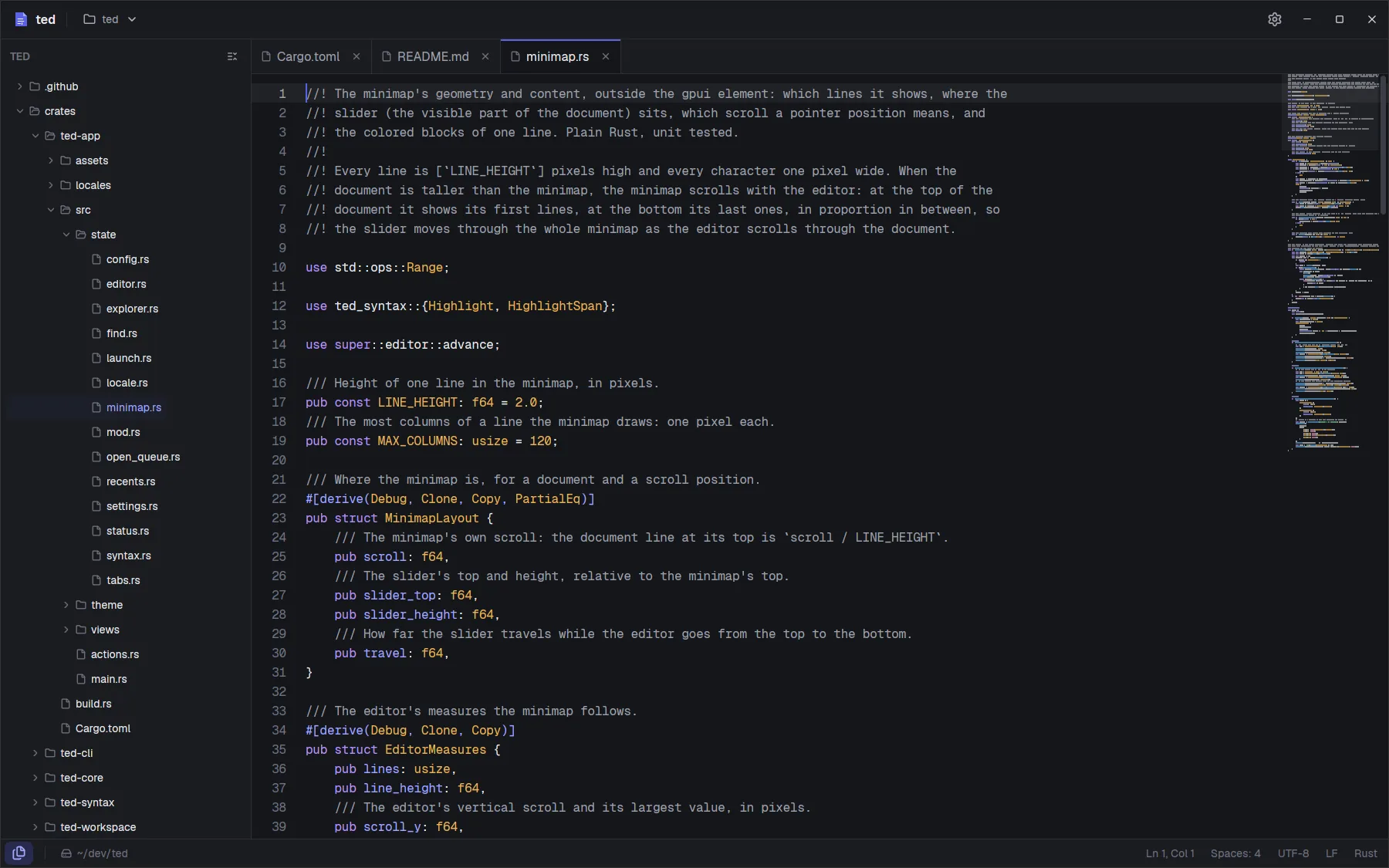 The ted window: the explorer of a Rust project, three tabs, highlighted code and the minimap.