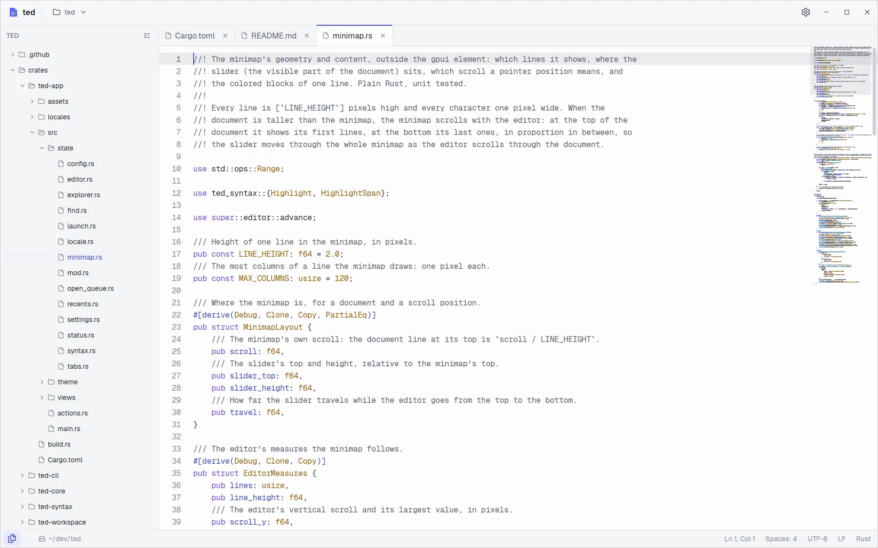The ted window: the explorer of a Rust project, three tabs, highlighted code and the minimap.