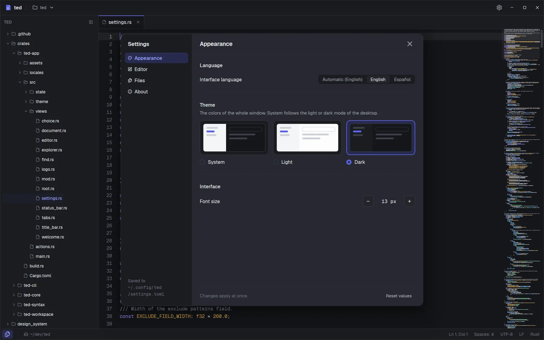 The Settings window over the editor: the language, the three theme cards and the interface font size.