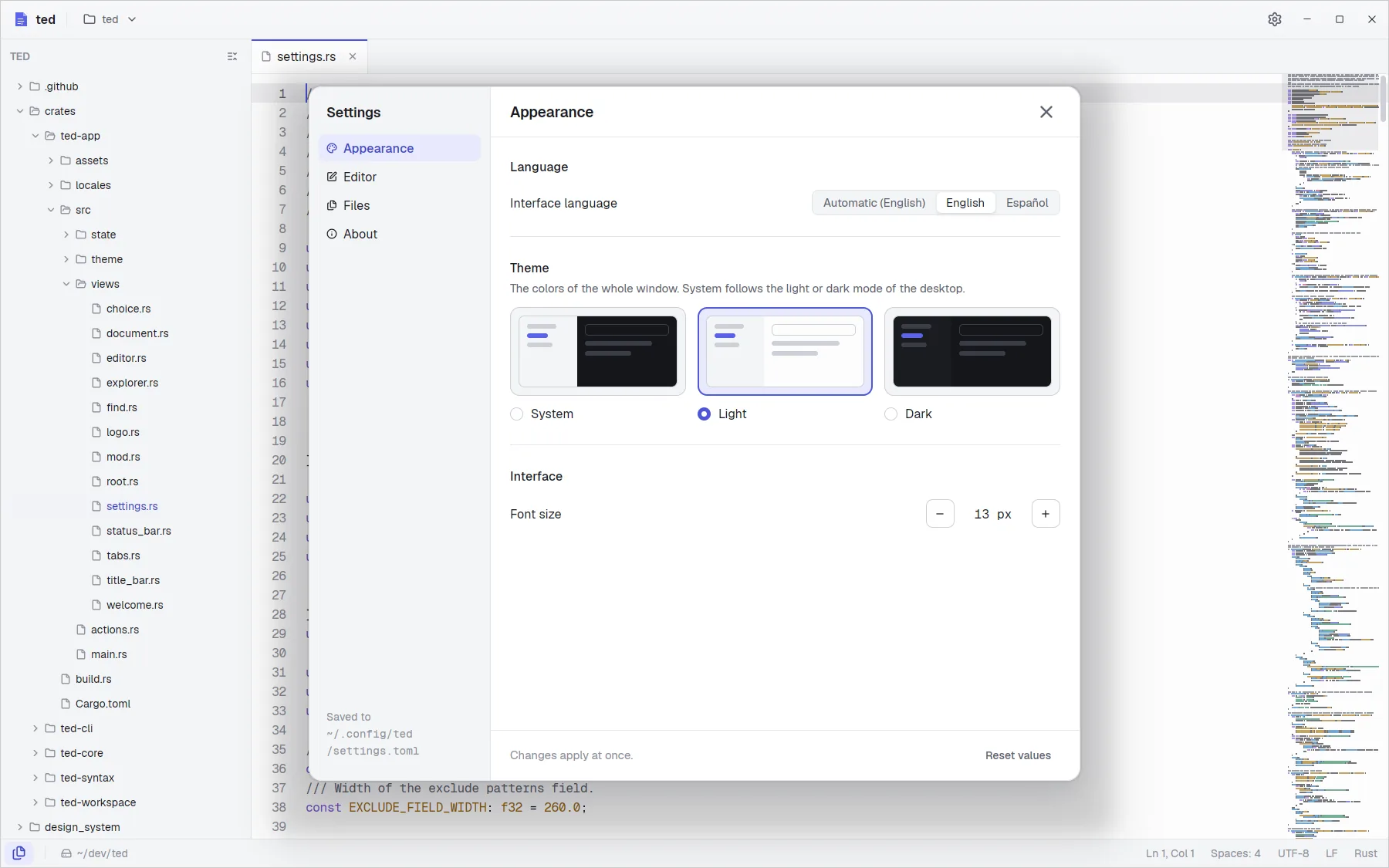 The Settings window over the editor: the language, the three theme cards and the interface font size.