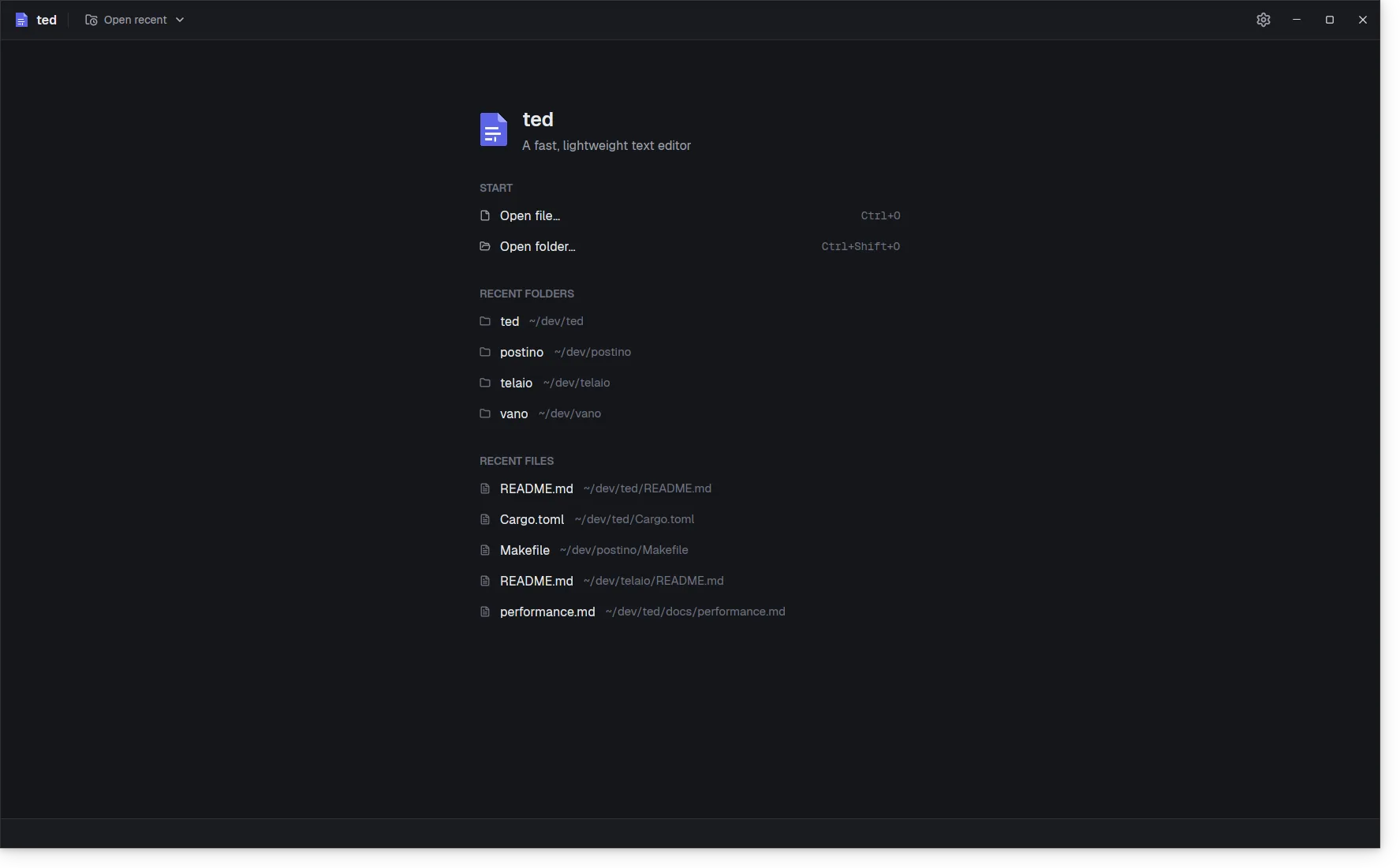 The empty state: Open file and Open folder, then the recent folders and files.