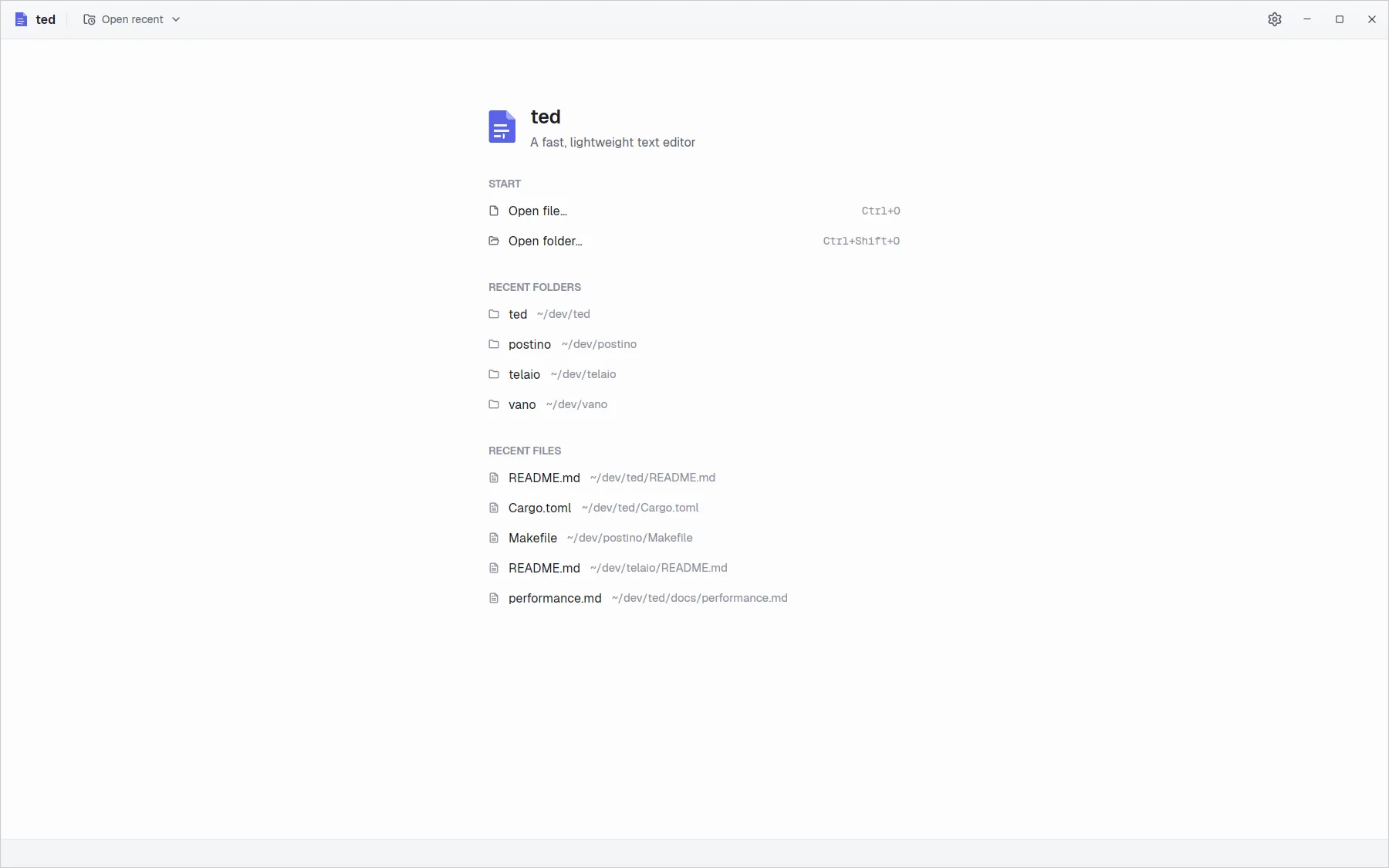 The empty state: Open file and Open folder, then the recent folders and files.